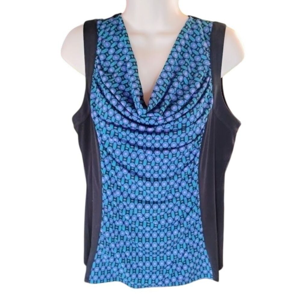 Calvin Klein Large Sleeveless Cowl Neck Top Black Blue Geometric Pattern Blouse